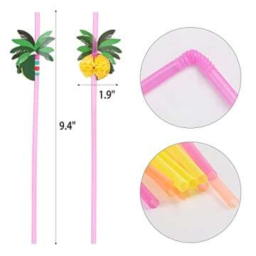 100pcs Coconut Tree Drinking Straws, Disposable Honeycomb Plastic Straws, Tropical Hawaiian Beach Co...