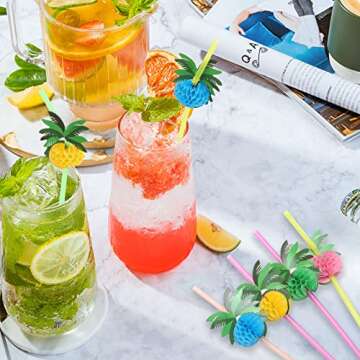 100pcs Coconut Tree Drinking Straws, Disposable Honeycomb Plastic Straws, Tropical Hawaiian Beach Cocktail Pool Luau Party Decorations Supplies