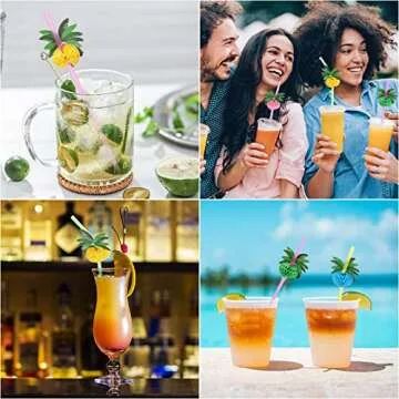 100pcs Coconut Tree Drinking Straws, Disposable Honeycomb Plastic Straws, Tropical Hawaiian Beach Cocktail Pool Luau Party Decorations Supplies