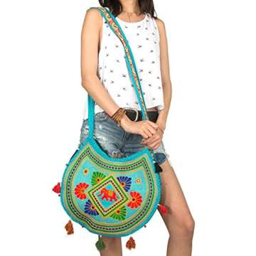 Tribe Azure Women Hippie Sling Handmade Crossbody Bag Boho Chic Patchwork Embroidered Shoulder Large Purse Gypsy Blue