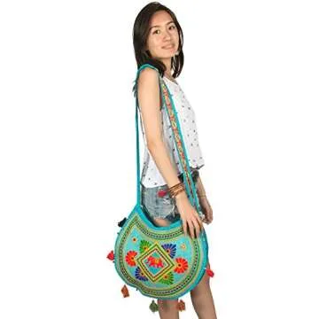 Tribe Azure Women Hippie Sling Handmade Crossbody Bag Boho Chic Patchwork Embroidered Shoulder Large Purse Gypsy Blue