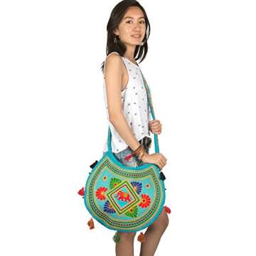 Tribe Azure Women Hippie Sling Handmade Crossbody Bag Boho Chic Patchwork Embroidered Shoulder Large Purse Gypsy Blue