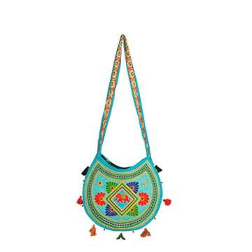Tribe Azure Women Hippie Sling Handmade Crossbody Bag Boho Chic Patchwork Embroidered Shoulder Large Purse Gypsy Blue