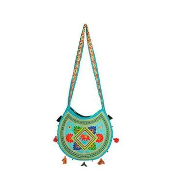 Tribe Azure Women Hippie Sling Handmade Crossbody Bag Boho Chic Patchwork Embroidered Shoulder Large Purse Gypsy Blue