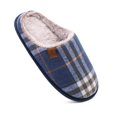 COFACE Mens Blue Flano Plaid Cozy Memory Foam Scuff Slippers Slip On Warm House Shoes Indoor/Outdoor...