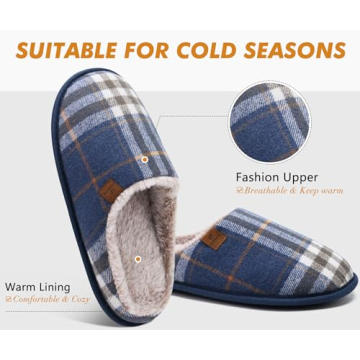 COFACE Men’s Blue Flano Plaid Cozy Memory Foam Slippers Indoor/Outdoor