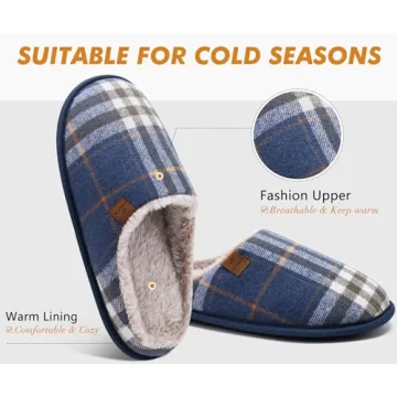 COFACE Men’s Blue Flano Plaid Cozy Memory Foam Slippers Indoor/Outdoor