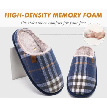 COFACE Men’s Blue Flano Plaid Cozy Memory Foam Slippers Indoor/Outdoor
