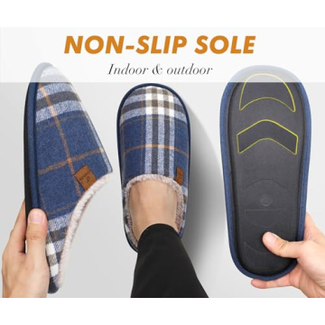 COFACE Men’s Blue Flano Plaid Cozy Memory Foam Slippers Indoor/Outdoor