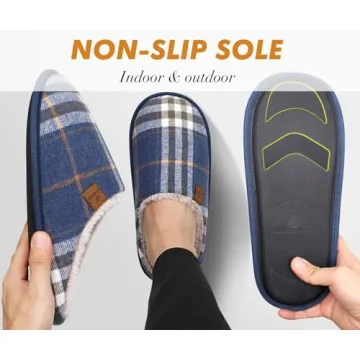 COFACE Men’s Blue Flano Plaid Cozy Memory Foam Slippers Indoor/Outdoor