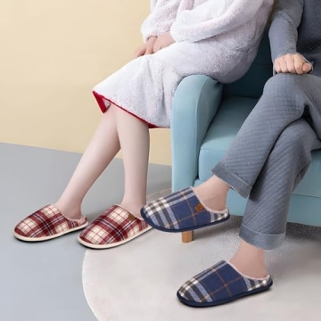 COFACE Men’s Blue Flano Plaid Cozy Memory Foam Slippers Indoor/Outdoor