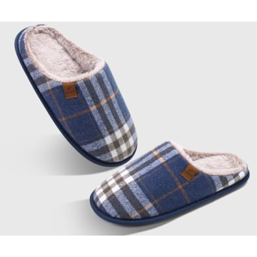 COFACE Men’s Blue Flano Plaid Cozy Memory Foam Slippers Indoor/Outdoor