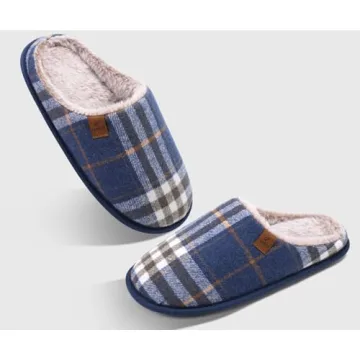 COFACE Men’s Blue Flano Plaid Cozy Memory Foam Slippers Indoor/Outdoor