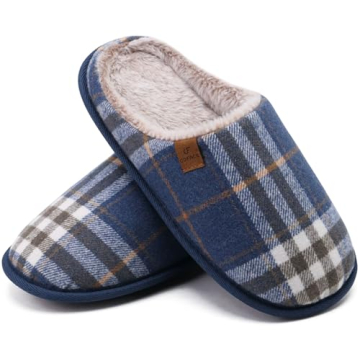 COFACE Men’s Blue Flano Plaid Cozy Memory Foam Slippers Indoor/Outdoor