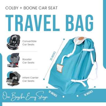 Colby + Boone Car Seat Travel Bag for Airplane | Foldable Car Seat Backpack | Heavy Duty Car Seat Bags for Air Travel | Car Seat Bag | Carseat Cover for Airplane Travel | Blue Carseat Travel Bag