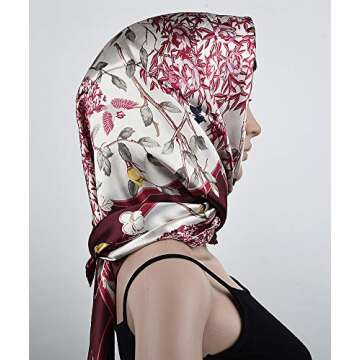 corciova Satin Silk Like Lightweight Scarf Hair Wrap Women Burgundy Branch Bird Flower Headband Tie ...