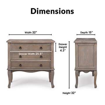 ClickDecor Thomas Antique Country Style Dresser Chest with 3 Drawers, Weathered Wood Nightstand Living Room Accent Furniture, Black Ring Handle, Curved Legs, Grey