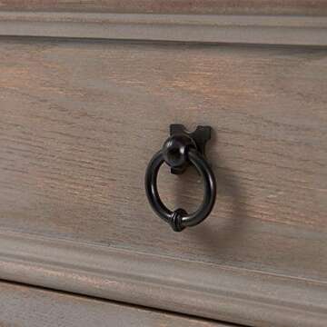 ClickDecor Thomas Antique Country Style Dresser Chest with 3 Drawers, Weathered Wood Nightstand Living Room Accent Furniture, Black Ring Handle, Curved Legs, Grey