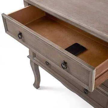 ClickDecor Thomas Antique Country Style Dresser Chest with 3 Drawers, Weathered Wood Nightstand Living Room Accent Furniture, Black Ring Handle, Curved Legs, Grey