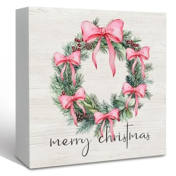 KFXHANGD Coquette Pink Christmas Wreath Bow Wooden Box Sign Desk Decor, Pink Christmas Desk Decor, G...
