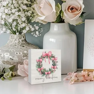 KFXHANGD Pink Christmas Wreath Bow Wooden Box Sign