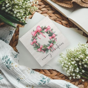 KFXHANGD Pink Christmas Wreath Bow Wooden Box Sign