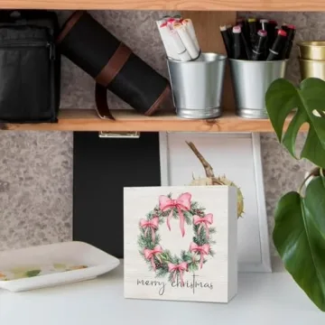 KFXHANGD Pink Christmas Wreath Bow Wooden Box Sign