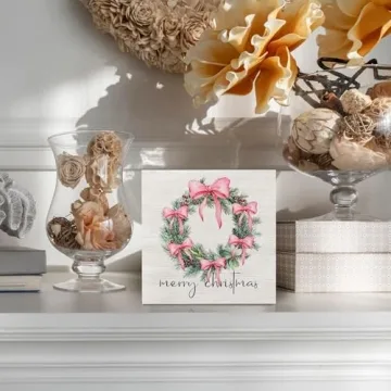 KFXHANGD Pink Christmas Wreath Bow Wooden Box Sign