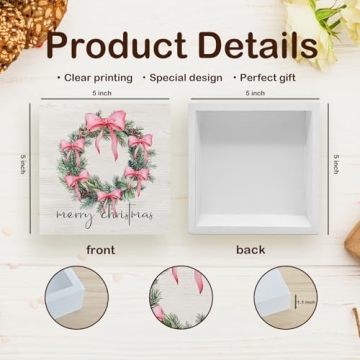 KFXHANGD Pink Christmas Wreath Bow Wooden Box Sign