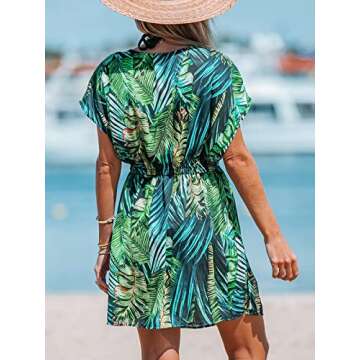CUPSHE Womens Swimwear Cover Ups V Neck Leaf Print Dress Short Sleeve Elastic Waist A Line Mini Dress Green Leaf X-Large