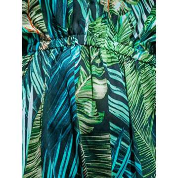 CUPSHE Womens Swimwear Cover Ups V Neck Leaf Print Dress Short Sleeve Elastic Waist A Line Mini Dress Green Leaf X-Large