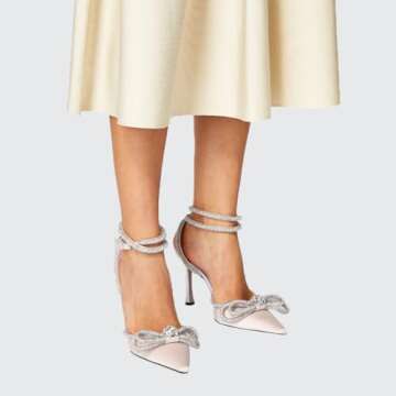 MIRAAZZURRA Women High Heeled Sandals Satin Sparkly Rhinestone Double Bow Sandals Pointy Toe Stilett...