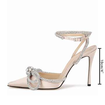 MIRAAZZURRA Women High Heeled Sandals Satin Sparkly Rhinestone Double Bow Sandals Pointy Toe Stiletto Adjustable Crystal Ankle Straps Buckle Shoes Summer Bridal Shoes Nude Size 6