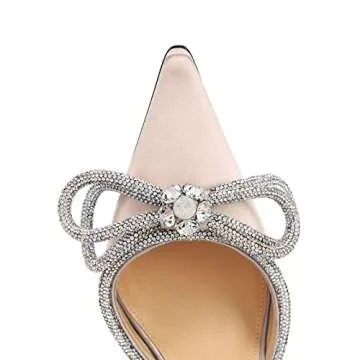 MIRAAZZURRA Women High Heeled Sandals Satin Sparkly Rhinestone Double Bow Sandals Pointy Toe Stiletto Adjustable Crystal Ankle Straps Buckle Shoes Summer Bridal Shoes Nude Size 6