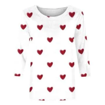 Valentines Day Shirts Women 3/4 Sleeve Trendy Novelty Heart Graphic Tees Plus Size Casual Festival Outfits Going Out Slim Fit Y2K Tops Cute 3D Print Tshirt Crew Neck Sweatshirt Sweater Gifts for Her