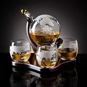 Godinger Whiskey Decanter Globe Set with 4 Etched Glasses for Liquor, Scotch, Bourbon, Vodka, Gifts ...