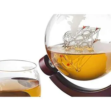 Godinger Whiskey Decanter Globe Set with 4 Etched Glasses for Liquor, Scotch, Bourbon, Vodka, Gifts for Men - 850ml Clear