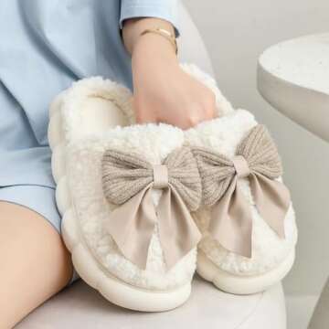 Zigihos Cute Bow Slippers for Women, Womens Fuzzy Fluffy Cozy Indoor Outdoor House Slippers (White, 7-7.5)