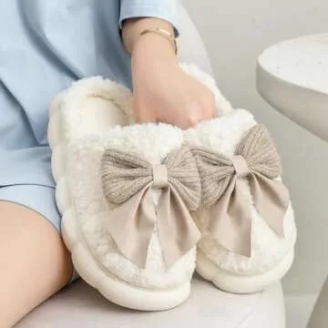 Zigihos Cute Bow Slippers for Women, Womens Fuzzy Fluffy Cozy Indoor Outdoor House Slippers (White, 7-7.5)