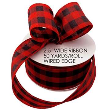 Red Black Buffalo Plaid Ribbon - 2 1/2" x 50 Yards, Buffalo Check Gingham Wired Christmas Ribbon, Wr...