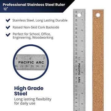 Pacific Arc Stainless Steel 12 Inch Metal Ruler Non-Slip Cork Back, with Inch and Metric Graduations