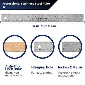 Pacific Arc Stainless Steel 12 Inch Metal Ruler Non-Slip Cork Back, with Inch and Metric Graduations