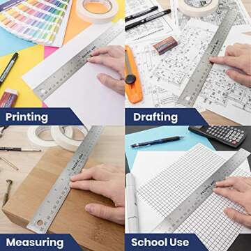 Pacific Arc Stainless Steel 12 Inch Metal Ruler Non-Slip Cork Back, with Inch and Metric Graduations