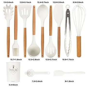 White Kitchen Utensils Set – 12-Piece Silicone Cooking Utensils with Wooden Handle