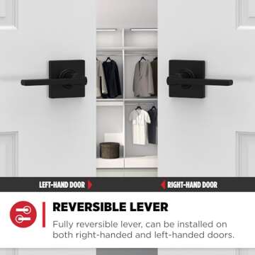 Kwikset Casey Interior Passage Door Handle, Lever For Closet and Hallway Doors, Reversible Non-Locking Handle Lever, Matte Black , with Microban Protection