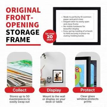 Dynamic Frames Li’l Davinci Art Cabinet, Stores up to 50 Pieces of 9x12 inch Art, Outer Wooden Frame Dimensions 11.75 x 14.75 inches, Kids Art Frame, Front Opening, Universal Hanging, Black