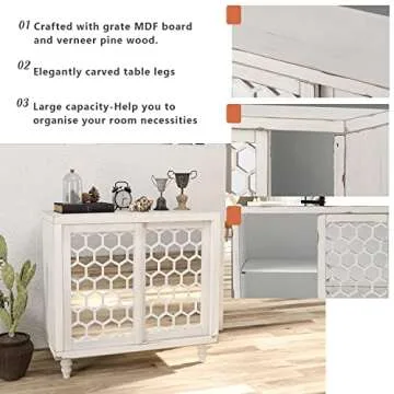 HOMPUS Accent Cabinet with Pattern Doors and Shelves, Rustic Buffet Sideboards with Mirror Doors, Storage Cabinet Coffee Bar for Living Room, Entryway, Kitchen, White