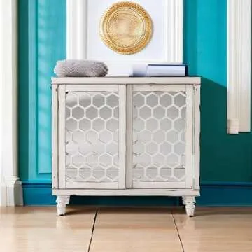 HOMPUS Accent Cabinet with Pattern Doors and Shelves, Rustic Buffet Sideboards with Mirror Doors, Storage Cabinet Coffee Bar for Living Room, Entryway, Kitchen, White