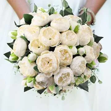 Hoikwo 4 Bunches Small White Peony Artificial Flowers (20 Peony Heads), Silk Fake Fake Silk Flowers Bouquet with Stems for Home Wedding Party Table Centerpieces