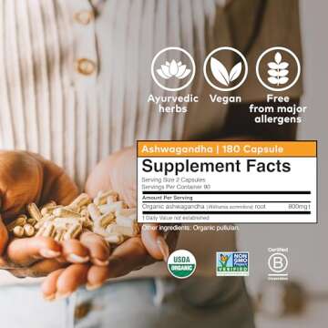 ORGANIC INDIA Ashwagandha Capsules - Organic Ashwagandha Supplement - Vegan Ashwagandha Root, Gluten-Free, Kosher, Non-GMO, Supports Stress Relief, Energy, and Sleep - 180 Capsules
